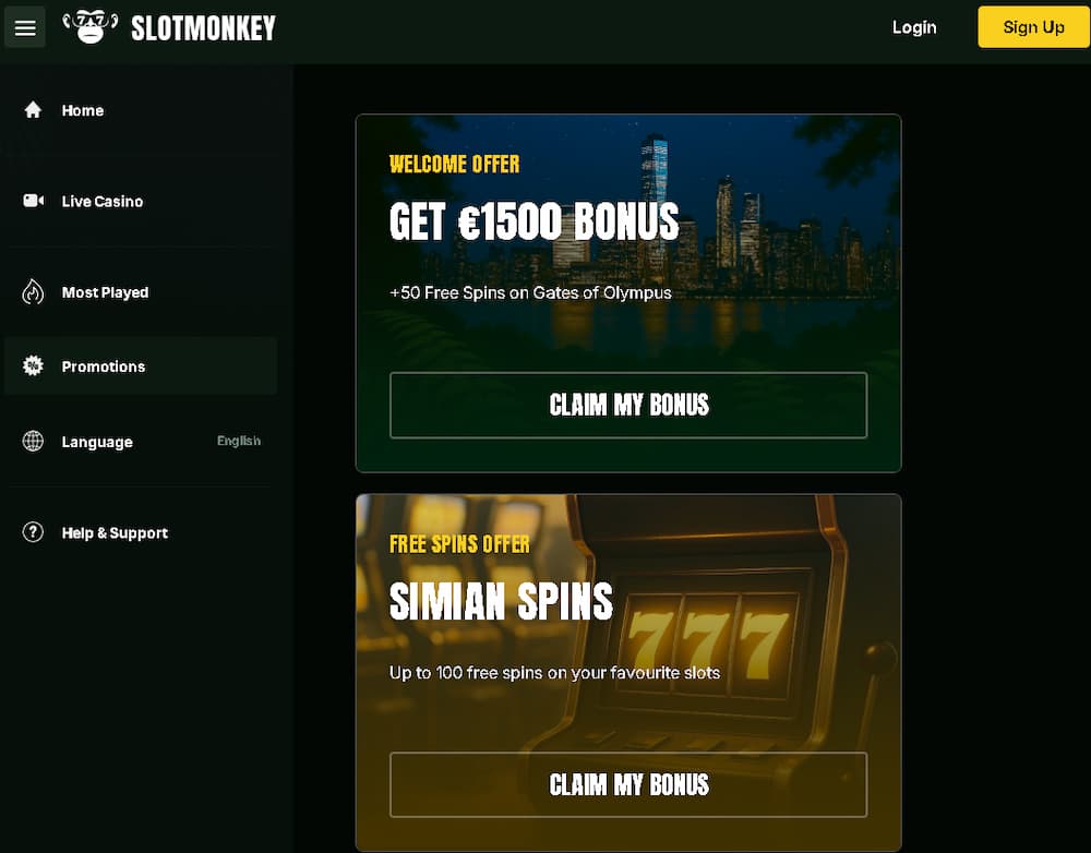 Slotmonkey ist ein benutzerfreundliches Schweizer Online-Casino mit großer Spielauswahl und attraktiven Features. Die Registrierung erfolgt ohne KYC, sodass Einzahlungen und der 100 % Willkommensbonus bis 1.500 € plus 50 Freispiele für Gates of Olympus sofort verfügbar sind. Faire Bonusbedingungen, vielseitige Zahlungsoptionen und regelmäßige Aktionen wie Reloads, Cashbacks und Turniere sorgen für Abwechslung. Besonders aktive Spieler profitieren im VIP-Programm von exklusiven Vorteilen, und der Support ist per Live-Chat oder E-Mail erreichbar.